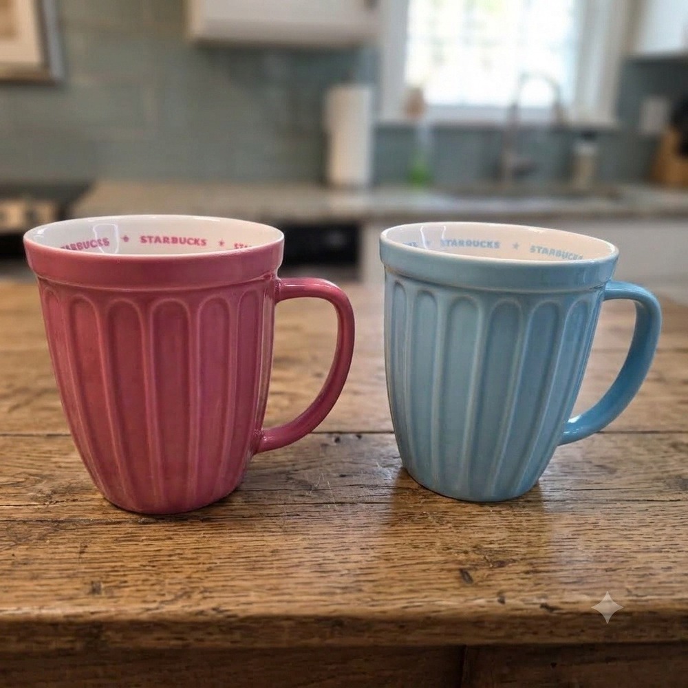 Vintage Starbucks 2006 Fluted Ribbed Ceramic Mug Set Pink Blue 16oz Coffee Cups